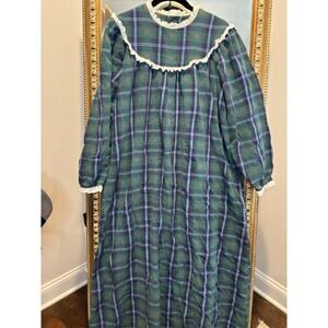 VTG 90s L.L. Bean by Lanz Nightgown Med Green Plaid Heart Made in USA NIP 1995